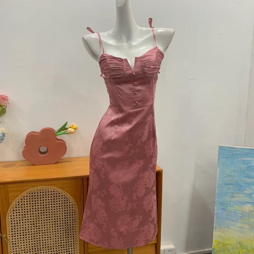 Dusty Rose Satin Jacquard Slip Dress